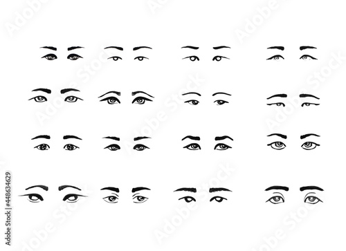 Eyes and brows silhouette, hand drawing icons, emotions. Illustration, isolated on a white background.