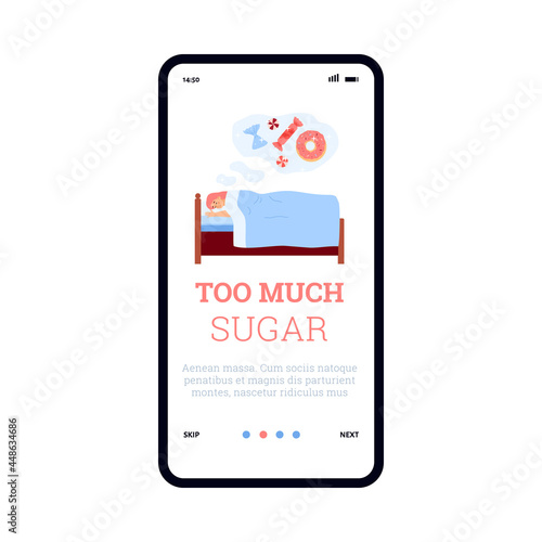 Addicted to sugar girl lying in bed sees in dreams sweet desserts.