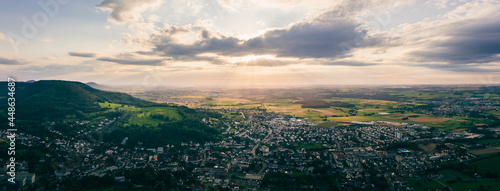 Aerial panorama of the city of Heubach, near Aalen, Ostalbkreis, Germany at sunset 