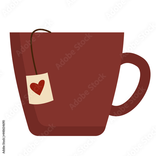 Cute cup with a tea bag on a white background. Vector flat design illustration for postcards, banners, posters and advertisements. Good morning concept