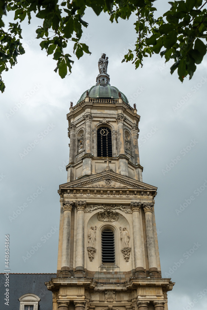 Church tower of Saint-Melaine Church in Rennes. Capital of the province of Brittany, France