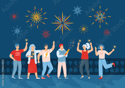 Happy fun people watching colorful holiday fireworks in night sky.