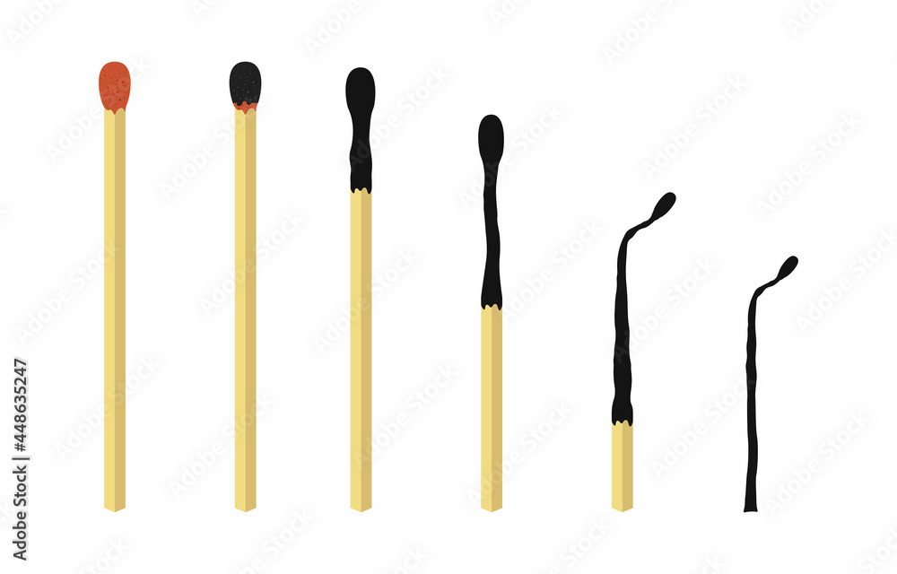 Burnt wooden matches set. Cartoon safety matches. Unused, burning, burnt matchsticks. Varying degrees of erosion. Wooden new and burnt, charred matchsticks. Symbol of ignition. Vector illustration Burnt wooden matches set. Cartoon safety matches. Unused, burning, burnt matchsticks. Varying degrees of erosion. Wooden new and burnt, charred matchsticks. Symbol of ignition. Vector illustration
