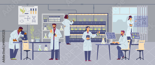 Laboratory scientists and biologists examining plants, flat vector illustration.