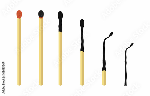 Burnt wooden matches set. Cartoon safety matches. Unused, burning, burnt matchsticks. Varying degrees of erosion. Wooden new and burnt, charred matchsticks. Symbol of ignition. Vector illustration