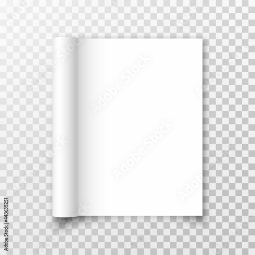 Open blank magazine or book with rolled pages isolated on transparent background. White vertical paper sheets of notebook, booklet, brochure, cover. 3d mockup template for your design. Vector