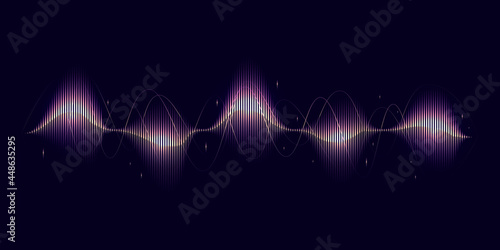 Sound waves on dark background. Audio equalizer technology, pulse musical. Music wave. Horizontal colorful lines with sharp peaks. Audio spectrum with glowing waves. Vector illustration