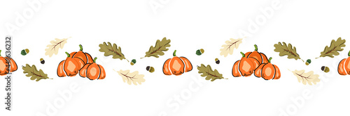 Pumpkin autumn seamless horizontal pattern with leaves, Thanksgiving, harvest or Halloween seasonal vector background design