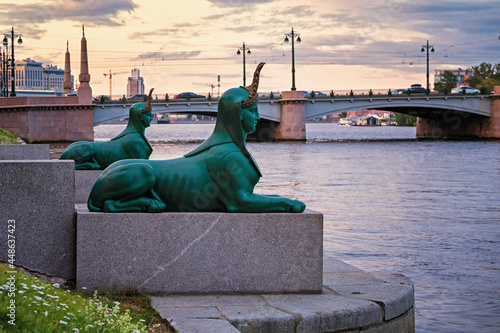 Sphinx sculptures on the Malaya Nevka embankment in St. Petersburg