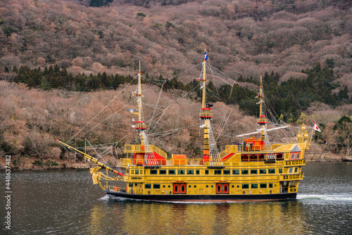 Yellow pirate ship in Japan. Tourists sail across Lake Ashi in Fuji Hakone Izu National Park  © Red Pagoda