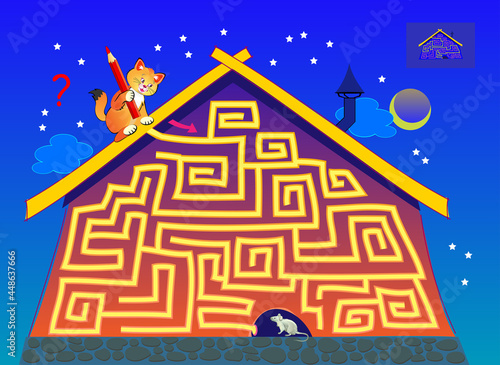 Logic puzzle game with labyrinth for children and adults. Help the cat find the path to the mouse. Worksheet for kids brain teaser book. Play online. Cartoon vector illustration. Maze for kids.
