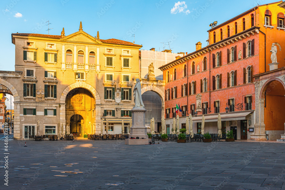Piazza dei Signori in Verona old town with Dante statue. Tourist destination in Veneto, Italy