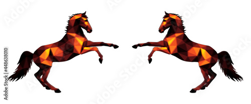 two horses on their hind legs  an image in the low poly style  isolated on a white background