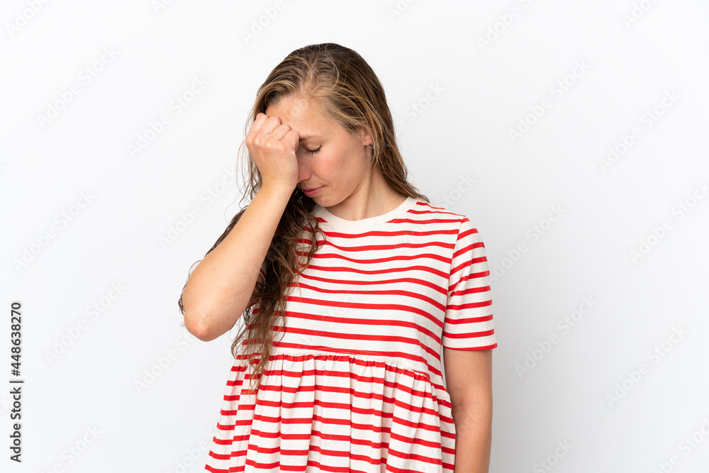 Young caucasian woman isolated on white background with headache Young caucasian woman isolated on white background with headache