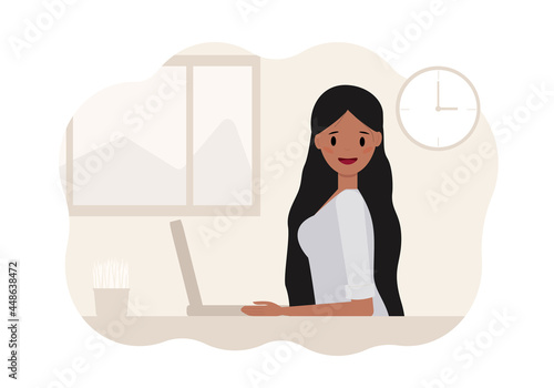 Illustration of a young woman working at a laptop.