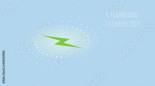 Wireless charger. Isometric 3d vector recharge symbol for infographic illustration. Charging energy green lightning icon on blue background.