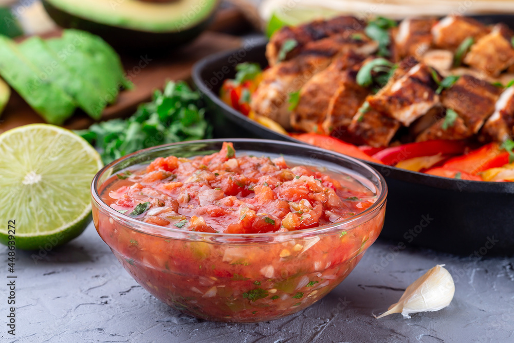 Tex-Mex cuisine salsa Asada sauce with roasted vegetables, horizontal - obrazy, fototapety, plakaty 