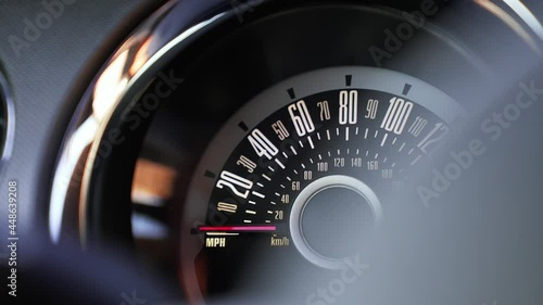 Classical speedometer view on an American muscle car. High RPMs. Burning tires.  photo