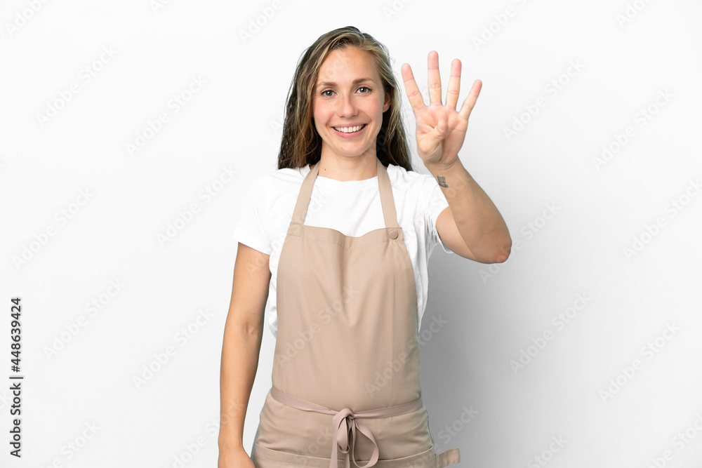 Restaurant waiter caucasian woman isolated on white background happy and counting four with fingers Restaurant waiter caucasian woman isolated on white background happy and counting four with fingers