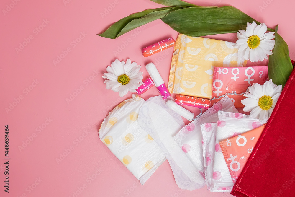 Menstrual tampons and pads in cosmetic bag. Menstruation cycle. Hygiene and protection Menstrual tampons and pads in cosmetic bag. Menstruation cycle. Hygiene and protection
