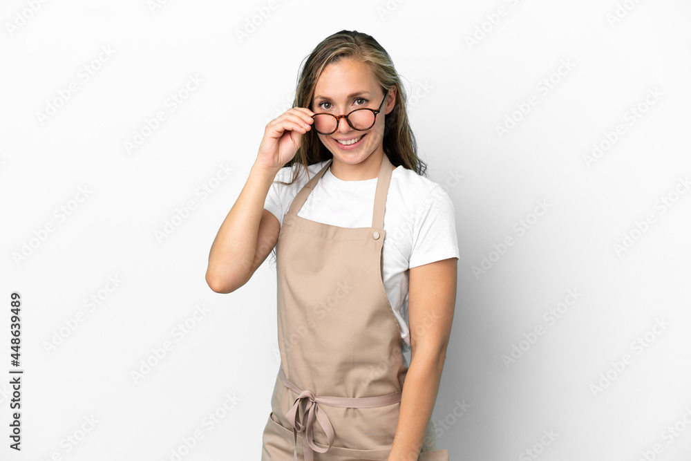 Restaurant waiter caucasian woman isolated on white background with glasses and happy Restaurant waiter caucasian woman isolated on white background with glasses and happy