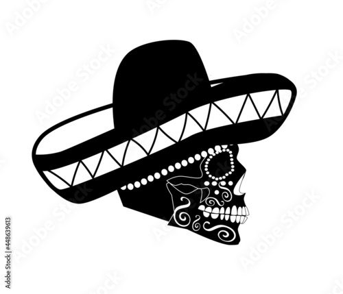 Mexican skull sombrero, side view ornament details, vector illustration