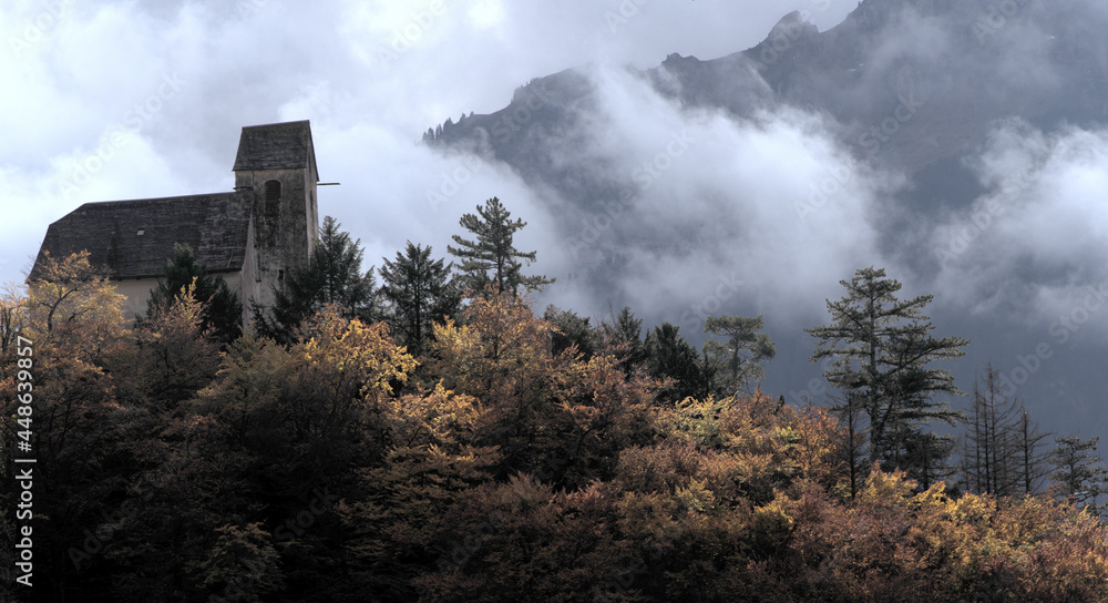 Chapel of Saint George in Flums showing Autumn colours