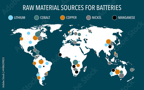 Tableau sur toile Map of raw material sources for battery production around the world