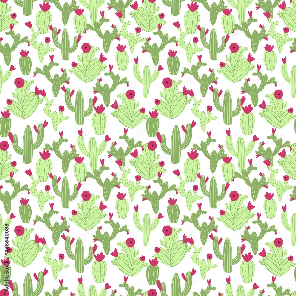 Vector seamless cactus pattern on white background. Cute childish illustration in cartoon flat style with colorful cacti and flowers