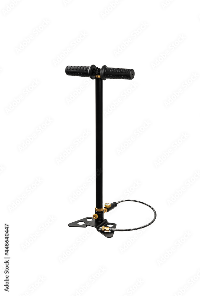 Bicycle hand pump with pressure sensor isolate on a white backg. Modern air pump with a barometer. Bicycle hand pump with pressure sensor isolate on a white backg. Modern air pump with a barometer.