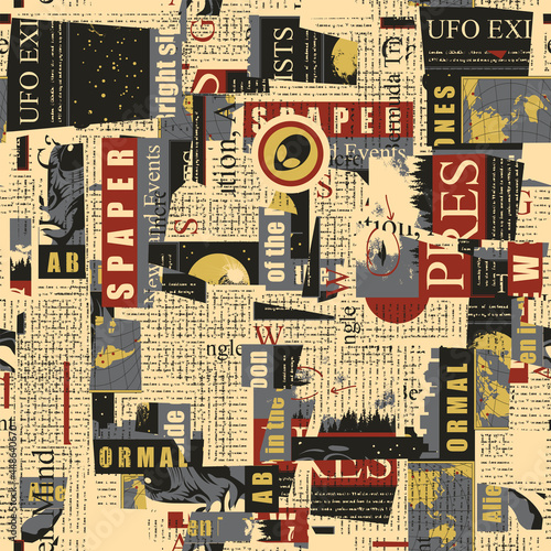 Abstract seamless pattern with chaotic layering of illegible newspaper text, illustrations and titles. Repeating vector background in retro style. Suitable for wallpaper, wrapping paper, fabric design