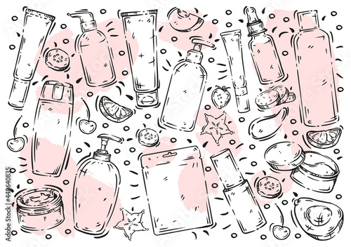 Doodle vector line illustration cosmetics and food cosmetology exotic fruits: bottle,face lifting cream, shampoo, conditioner, foam for washing, hand cream, scrub, tonic, mask, eye patches