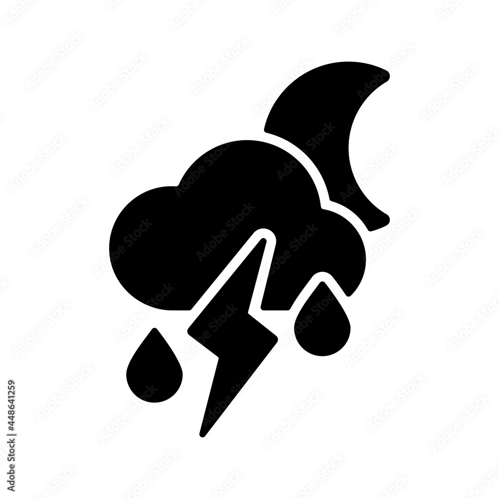 Moon cloud with rain and lightning vector icon Moon cloud with rain and lightning vector icon