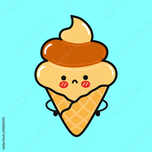 Cute sad Ice cream character. Vector hand drawn cartoon kawaii character illustration icon. Isolated on yellow background. Ice cream character concept