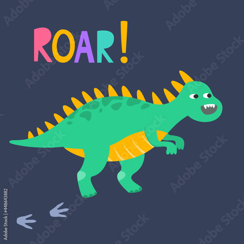 Cartoon dinosaur with "ROAR" lettering.