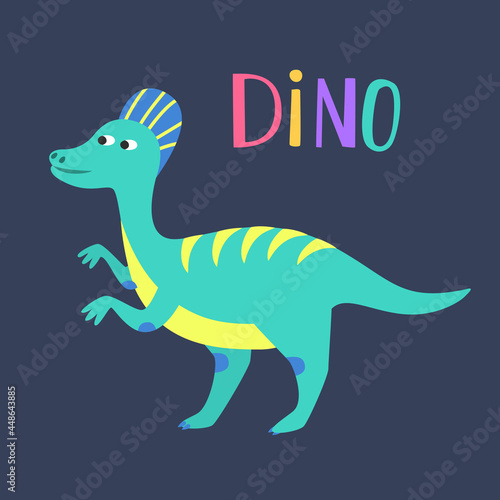 Cartoon dinosaur with  dino  lettering.