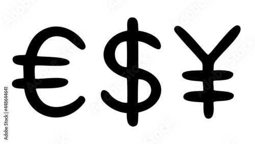 Vector illustration of euro, dollar and yen and yuan signs, isolated on white background. Freehand writing, hand drawn.