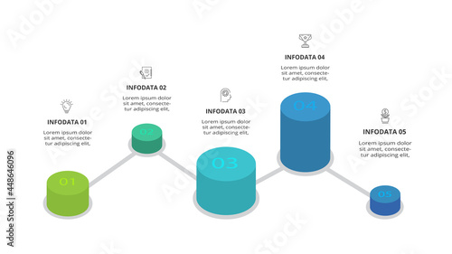3D vector infographic pyramid, or comparison chart with 5 colorful levitating layers.