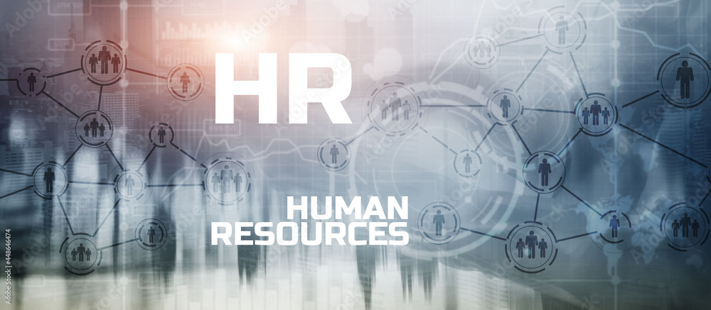HR - Human resources management and recruitment concept. Double exposure people network mixed media structure HR - Human resources management and recruitment concept. Double exposure people network mixed media structure