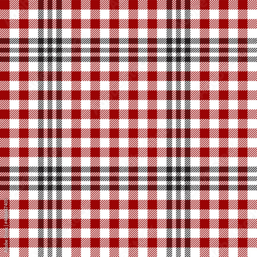 Red, black and white checkered plaid. Scottish pattern fabric swatch.