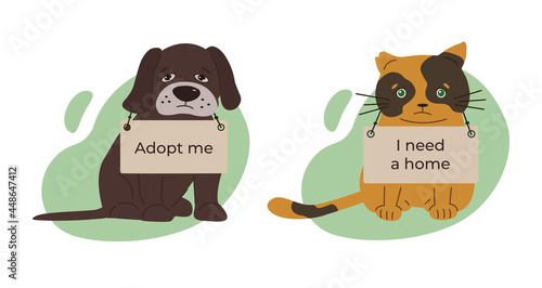 International day of homeless animals. Vector illustration on the theme of homeless animals. Cat with a sign. Dog with a sign. Helping animals. The cat and the dog are looking for a home.