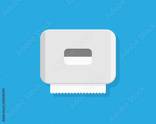 Paper towel dispenser. Box with toilet paper for wipe hand. Tissue for bathroom or hygiene. Public dispense machine with roll of napkin on wall. Restroom sanitary equipment with shadow. Vector