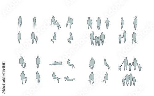 Vector illustration, Outline silhouettes of people, Contour drawing, people silhouette, Icon Set Isolated , Silhouette of sitting people, Architectural set	
