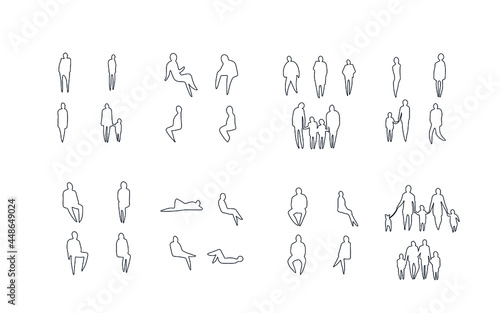 Vector illustration, Outline silhouettes of people, Contour drawing, people silhouette, Icon Set Isolated , Silhouette of sitting people, Architectural set	
