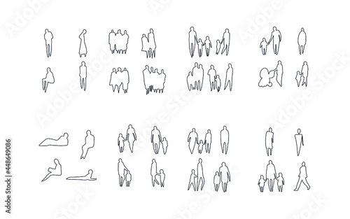 Vector illustration, Outline silhouettes of people, Contour drawing, people silhouette, Icon Set Isolated , Silhouette of sitting people, Architectural set	
