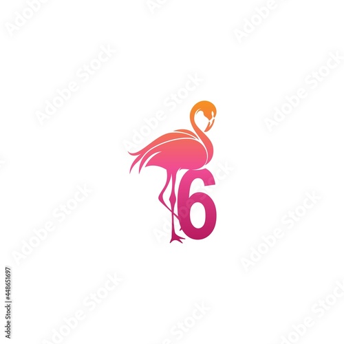 Flamingo bird icon with Number 6 Logo design vector © xbudhong