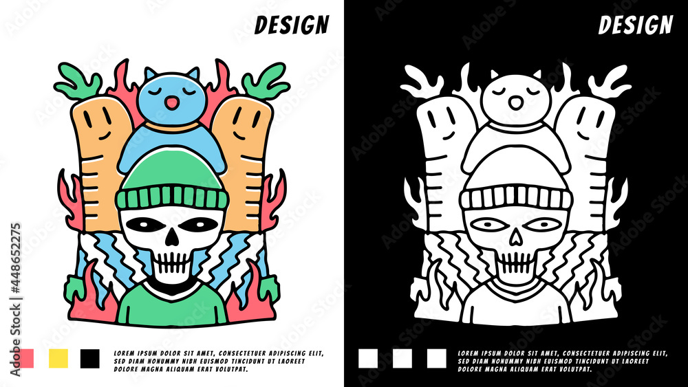trendy skull doodle cartoon, illustration for t-shirt, poster, sticker, or apparel merchandise.