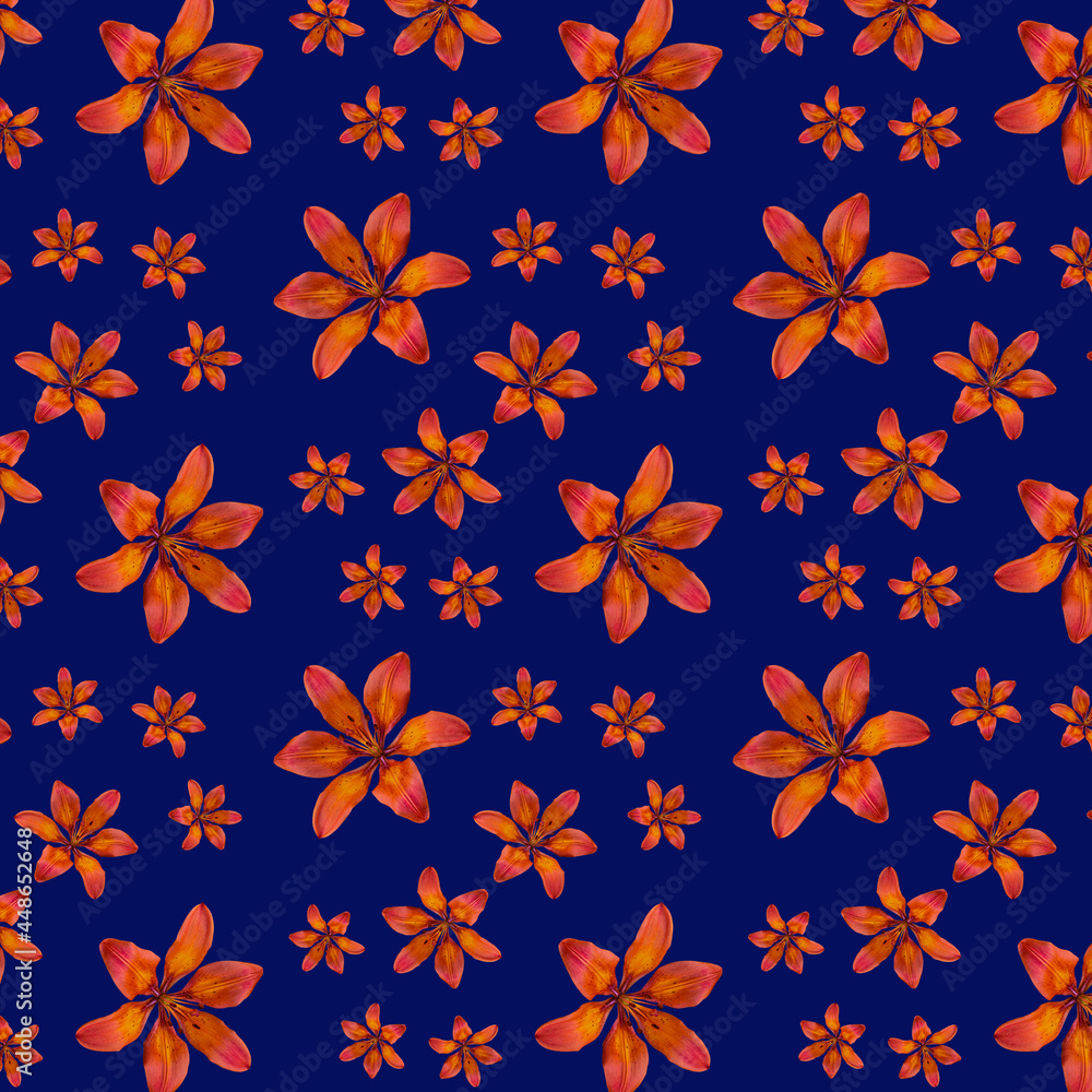 Lily flower pattern on a blue background with an isolated seamless pattern Lily flower pattern on a blue background with an isolated seamless pattern