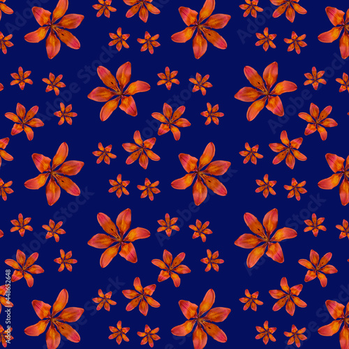 Lily flower pattern on a blue background with an isolated seamless pattern