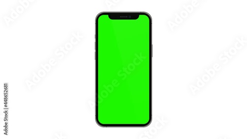 Mobile phone with blank green screen, front view, isolated on white background. 4K animation for presentation on mockup screen
